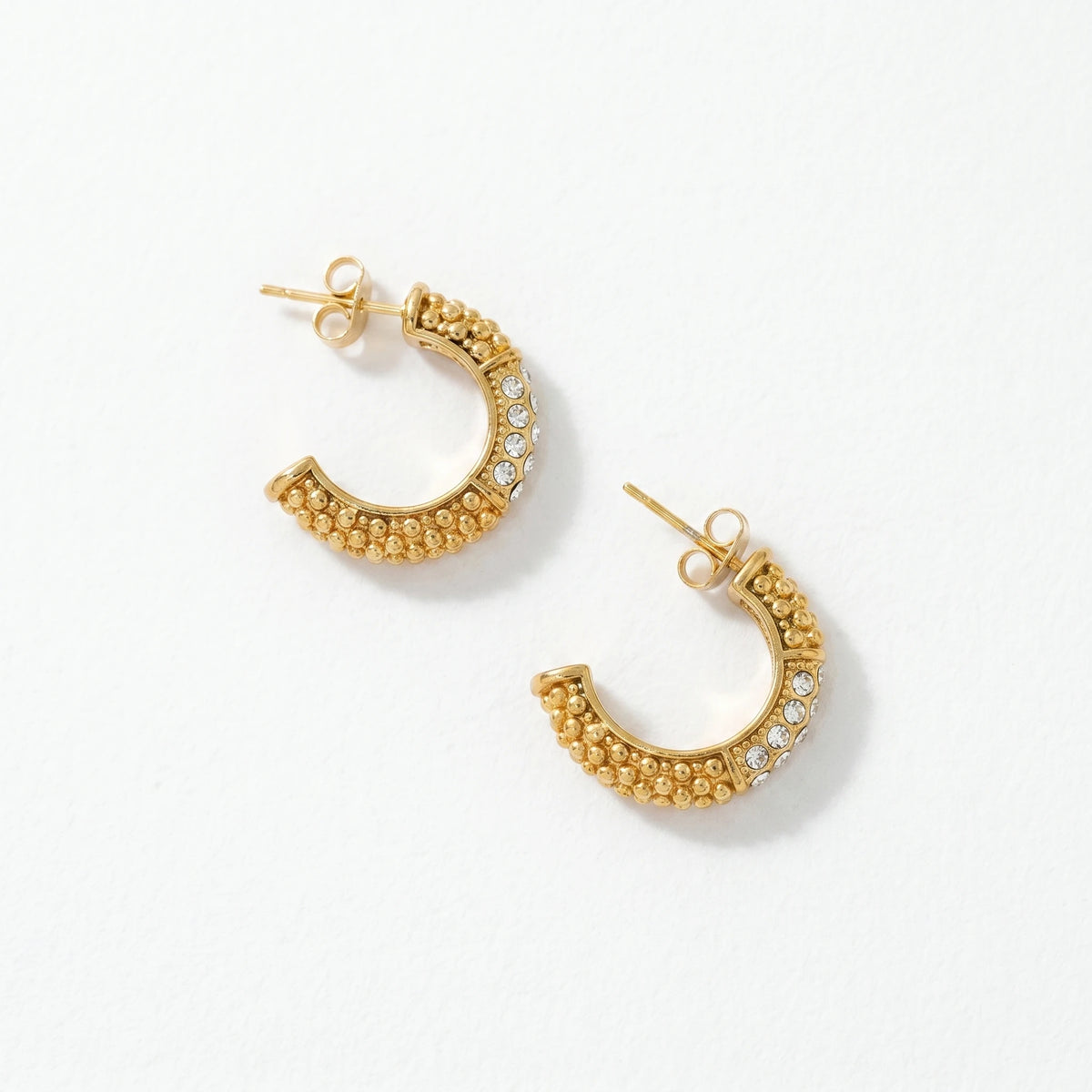 QIAOREN 12452  Gold Paved CZ Half Hoop Earrings Stainless Steel Beaded Textured Huggie Hoops Hypoallergenic Sparkly Jewelry