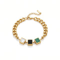 QIAOREN 13766 Thick Cuban Curb Link Bracelet with Three Natural Stone Lobster Clasp Gold Wrist Jewelry