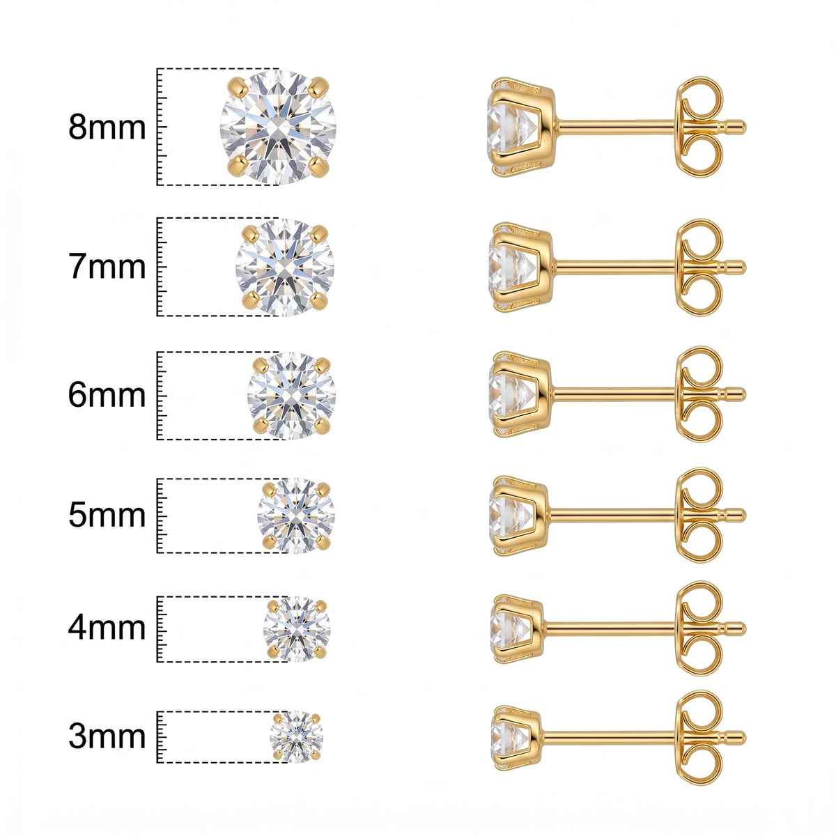 QIAOREN12597 Princess Cut Four Prong Stud Earrings Waterproof Stainless Steel 18K Gold Multi Sizes Anti-allergy Minimal Piercing
