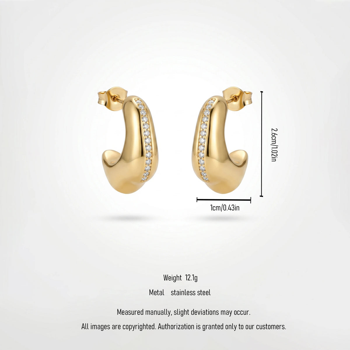 QIAOREN 12514 Bold Puffy C Hoop Earrings Gold Stainless Steel Pave Zircon Stripe Chunky Studs Jewelry US EU