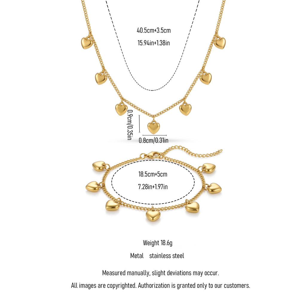 QIAOREN12860 18KGold Plated Puffy Heart Charm Necklace Set, Waterproof Tarnish Free Stainless Steel Curb Chain Jewelry for Women