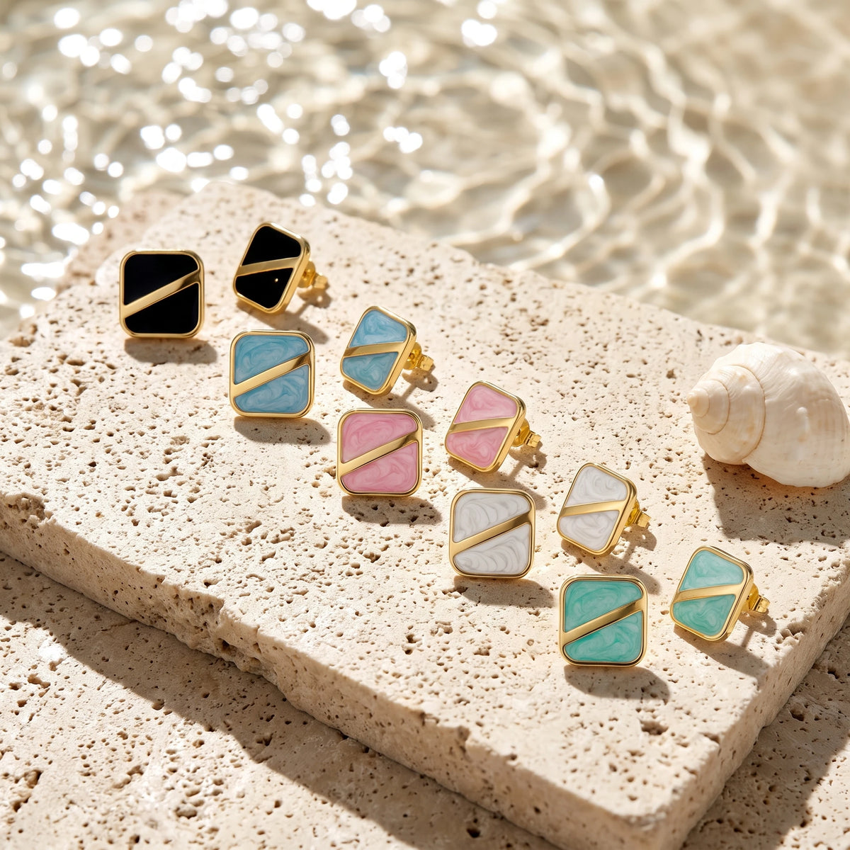 QIAOREN 13642-46 Geometric Square Marble Resin Stud Earring Set, Diagonal Gold Line Gloss Inlay Gold Frame