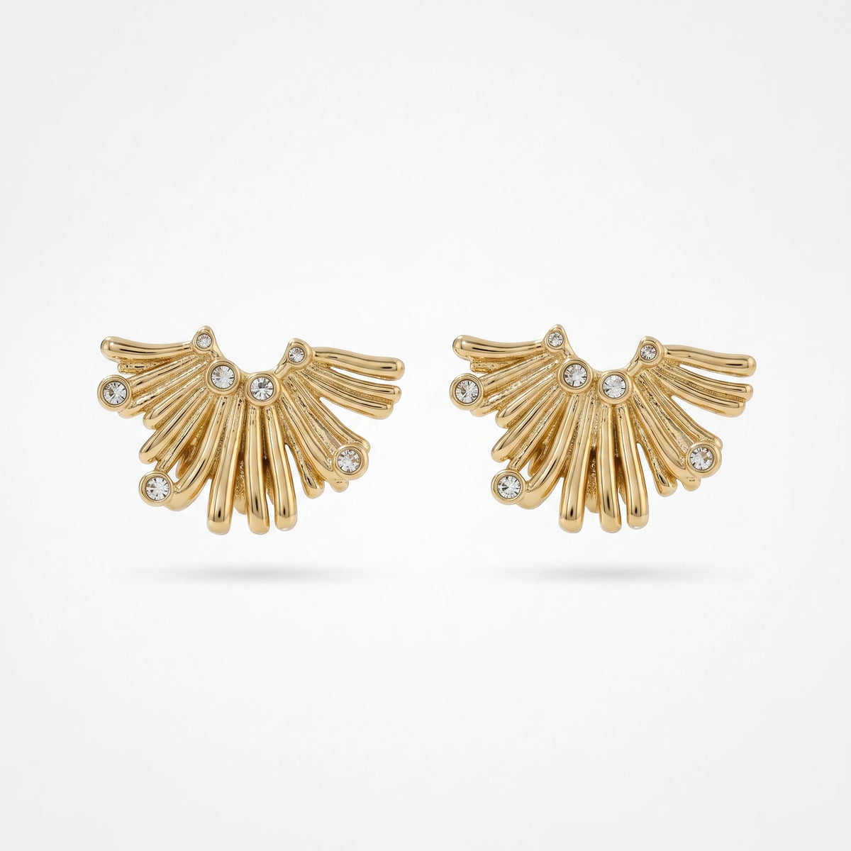 QIAOREN 12265  Waterproof Tarnish Free Sunburst Arch Earrings Gold Stainless Steel Dotted CZ Ribbed Fringe Studs Jewelry EU US