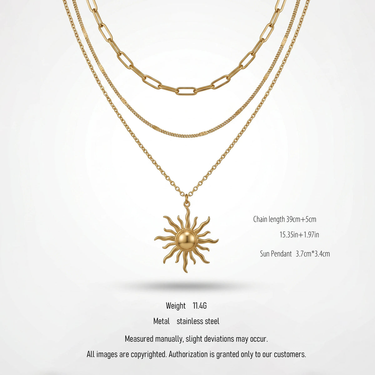 QIAOREN 10666 Ladies' Stainless Steel Necklace Pendant Gold-Plated Trendy Sun Pattern Multi-layer Geometric Link Design Inspired