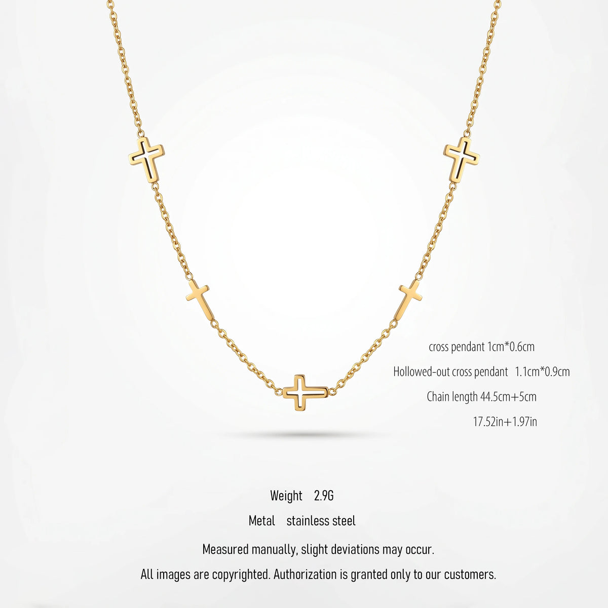 QIAOREN 10660 Multiple Hollow Cross Station Choker Necklace 18K Gold Plated Stainless Steel Link Chain Waterproof Jewelry