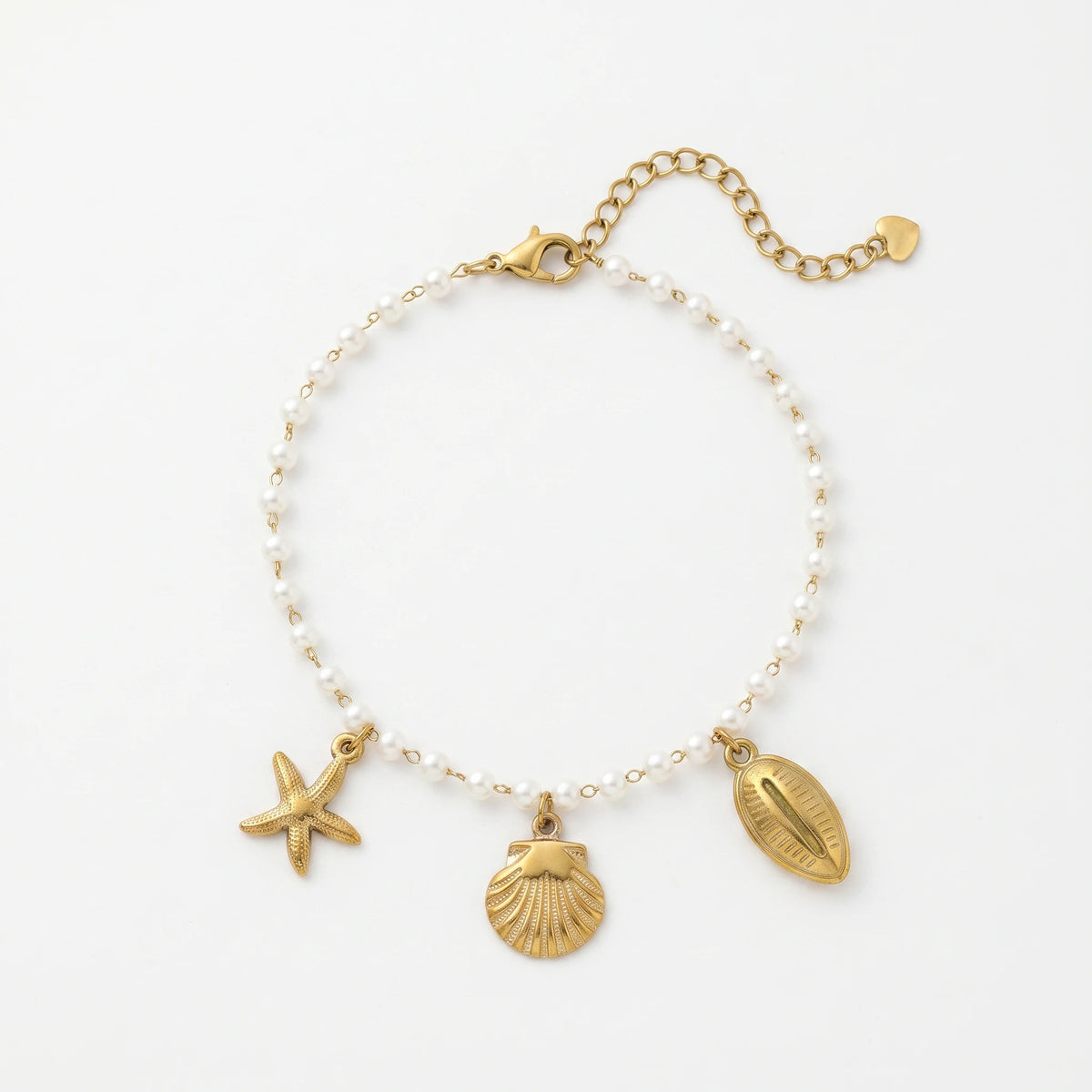 QIAOREN 10588 Starfish Seashell Pearl Trendy Party Anklet 18K Gold Plated Stainless Steel Waterproof Beach Jewelry for Women