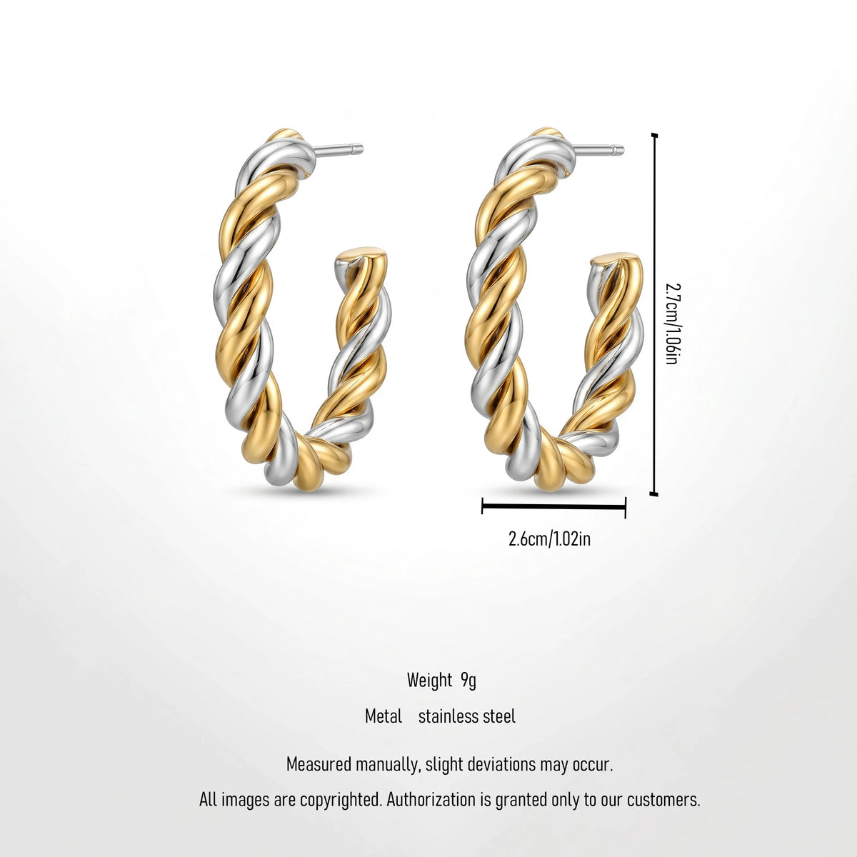 QIAOREN 12398 Elegant Quiet Luxury Mixed Metal Hoops Gold Silver Twisted Rope Stainless Steel Sinuous Chunky C Hoop Studs Gift