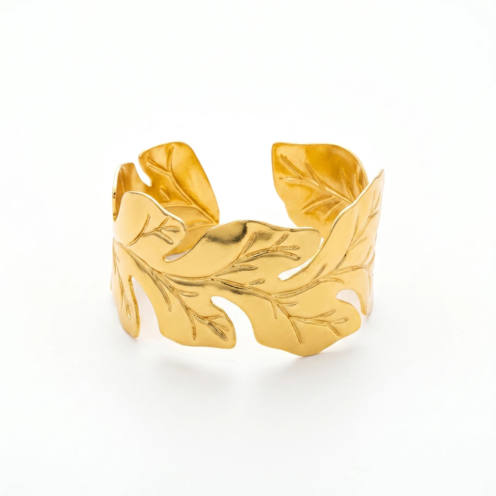 QIAOREN 18K Gold Polished Interconnected 3D Oak Leaf Wide Open Cuff Bracelet Stainless Steel Adjustable Stackable Autumn