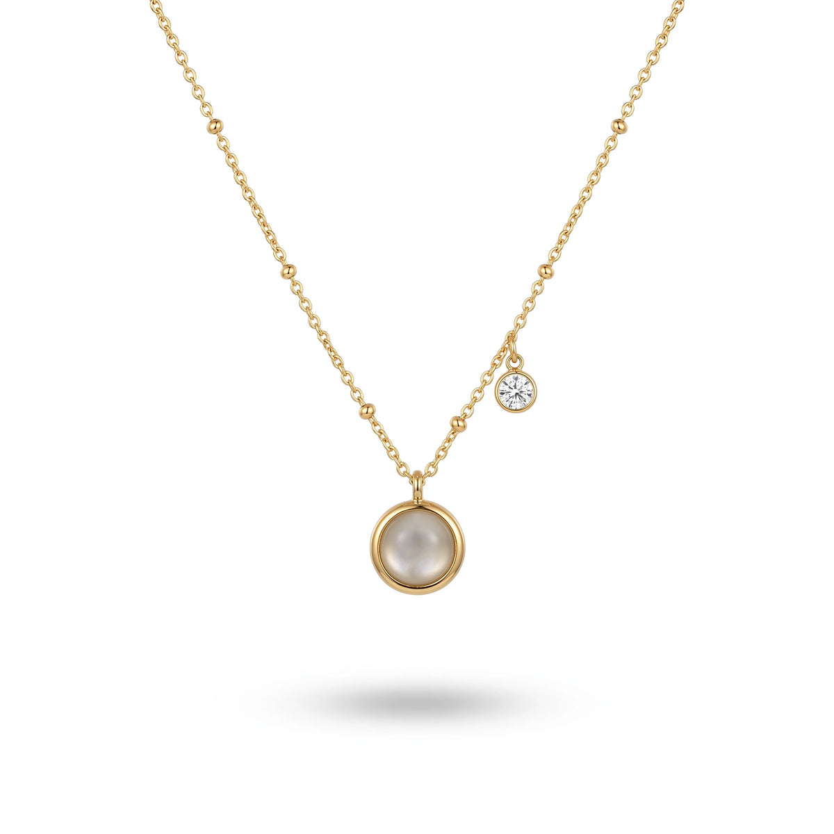 QIAOREN 13537 Dainty Chain Necklace with Round White Cat Eye & Tiny Zircon Dual Charms Necklace