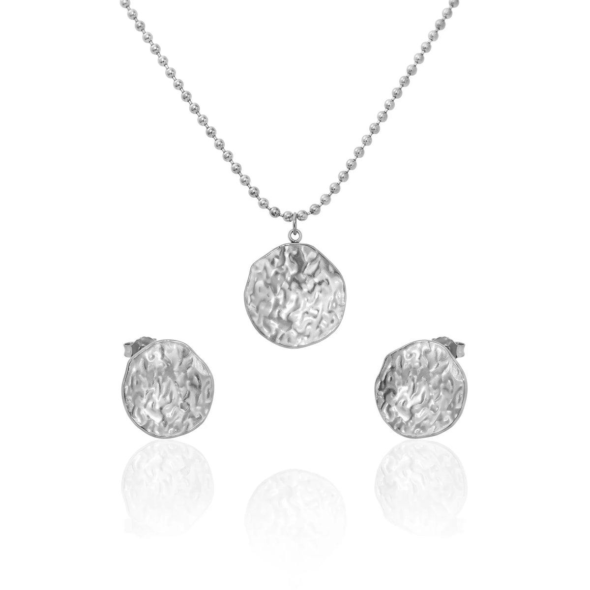 QIAOREN 11694 Tarnish Free 18K Gold Stainless Steel Hammered Disc Jewelry Set Ball Chain Necklace & Stud Earrings