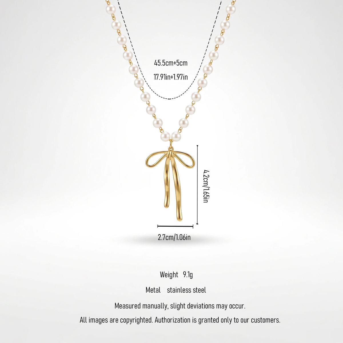 QIAOREN 11963 Wholesale 18K Gold Plated Stainless Steel Necklace Elegant Long Tail Bowknot Pendant Imitation Pearl