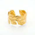 QIAOREN 18K Gold Polished Interconnected 3D Oak Leaf Wide Open Cuff Bracelet Stainless Steel Adjustable Stackable Autumn