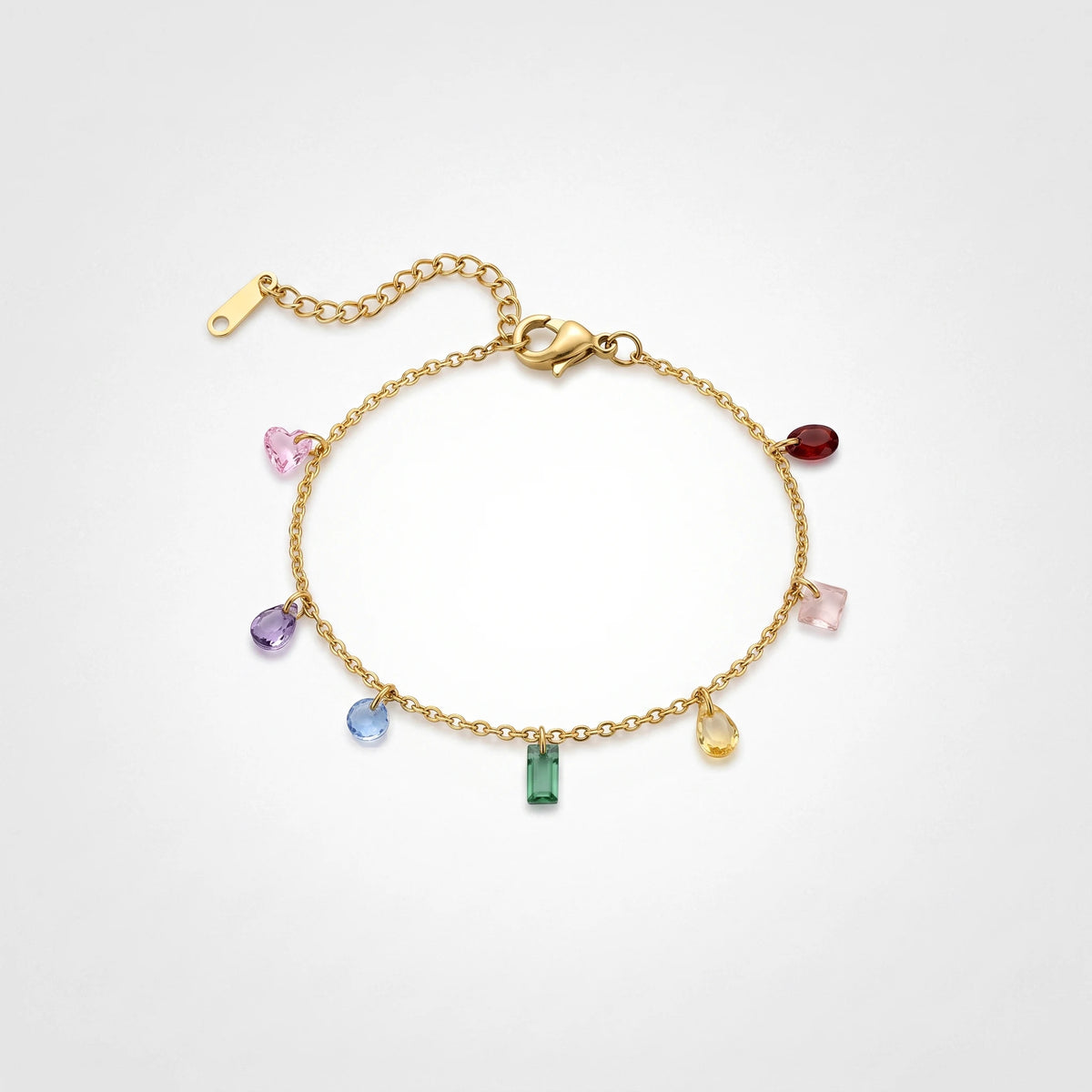 QIAOREN 13293 Gold Plated Stainless Steel Colorful Crystal Charm Bracelet Cubic Zirconia Dainty Chain Jewelry for Women