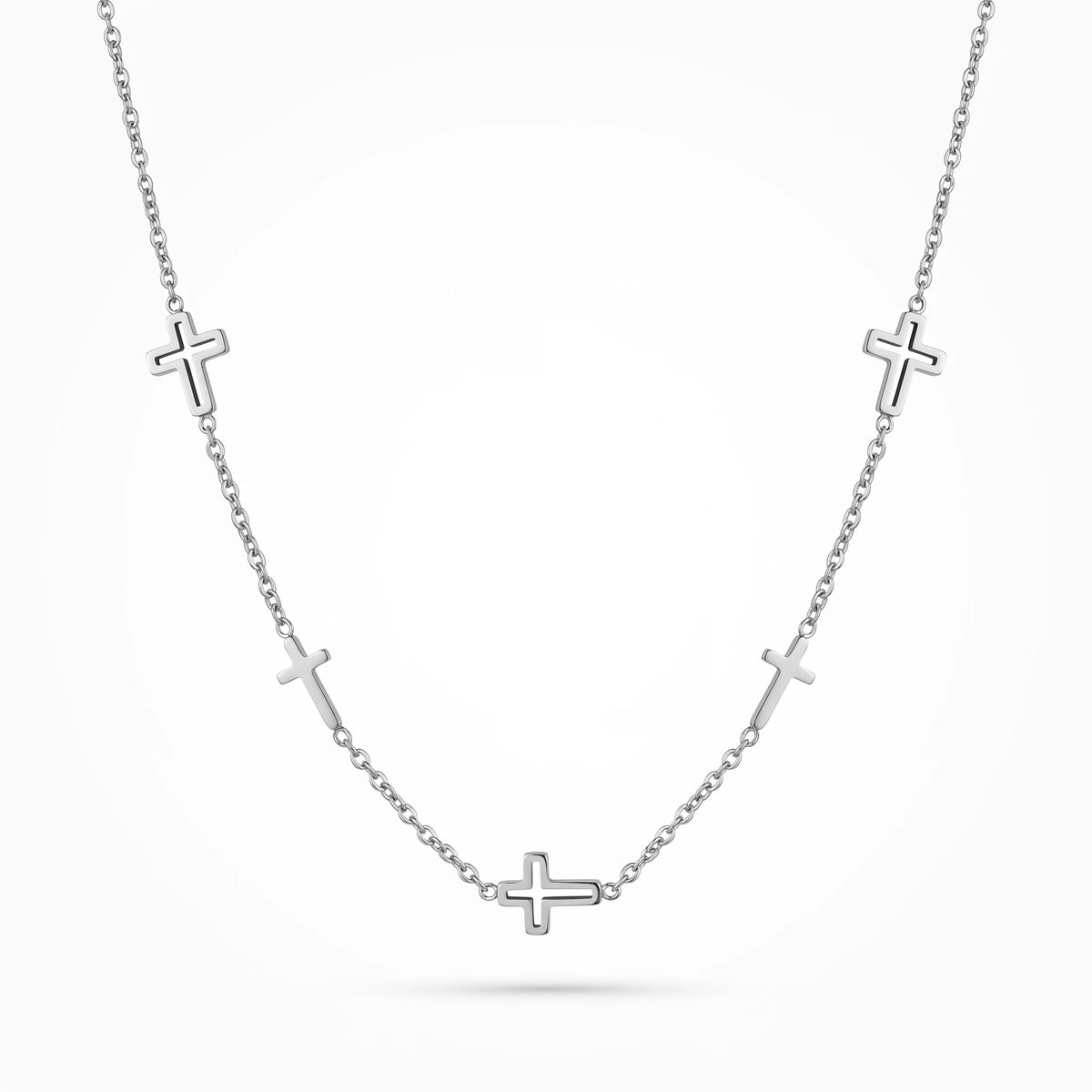 QIAOREN 10660 Multiple Hollow Cross Station Choker Necklace 18K Gold Plated Stainless Steel Link Chain Waterproof Jewelry