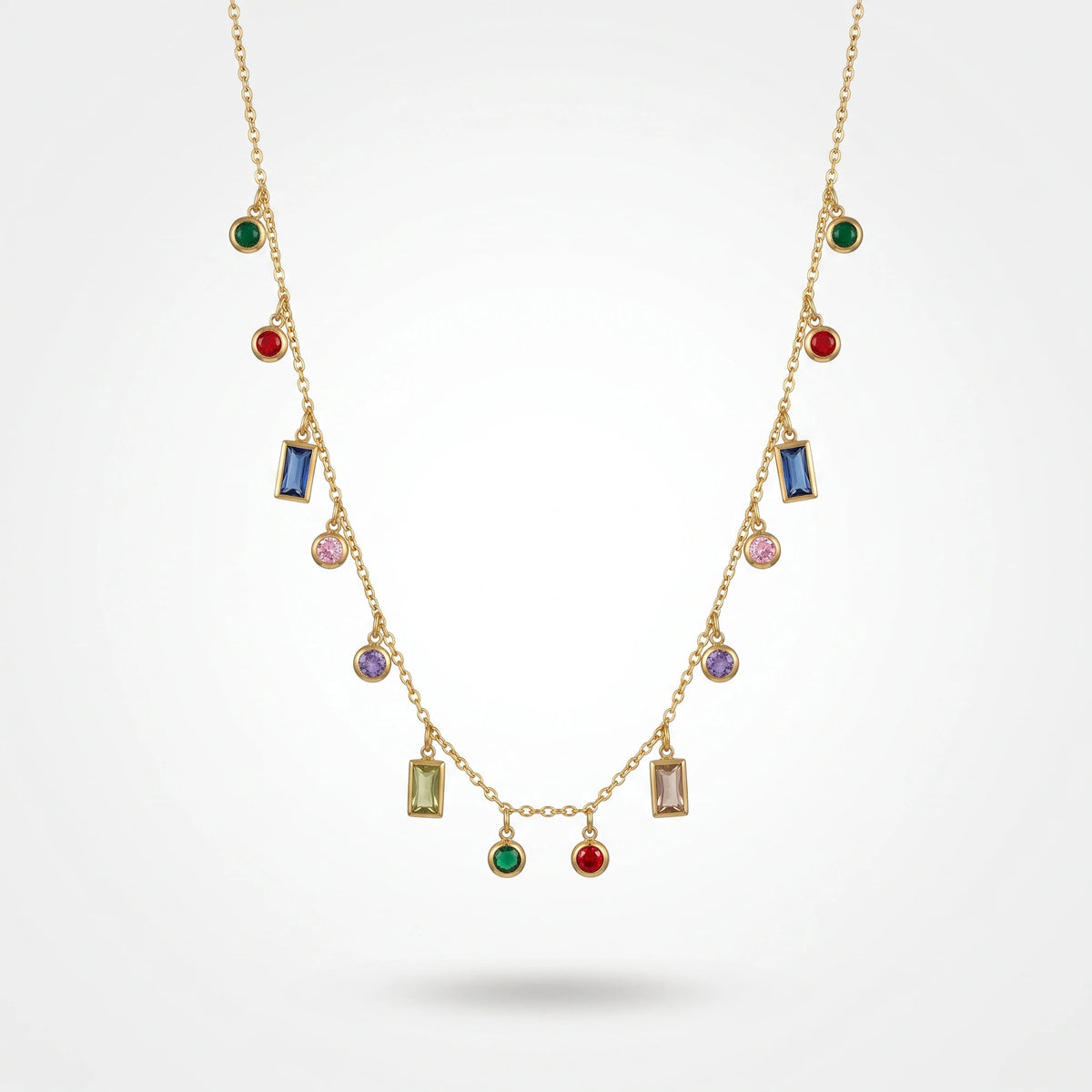 QIAOREN 13500 Rainbow Multi Shape Crystal Drop Station Necklace with Random Mixed Color Bead Charms Dangle Thin Chain Necklace
