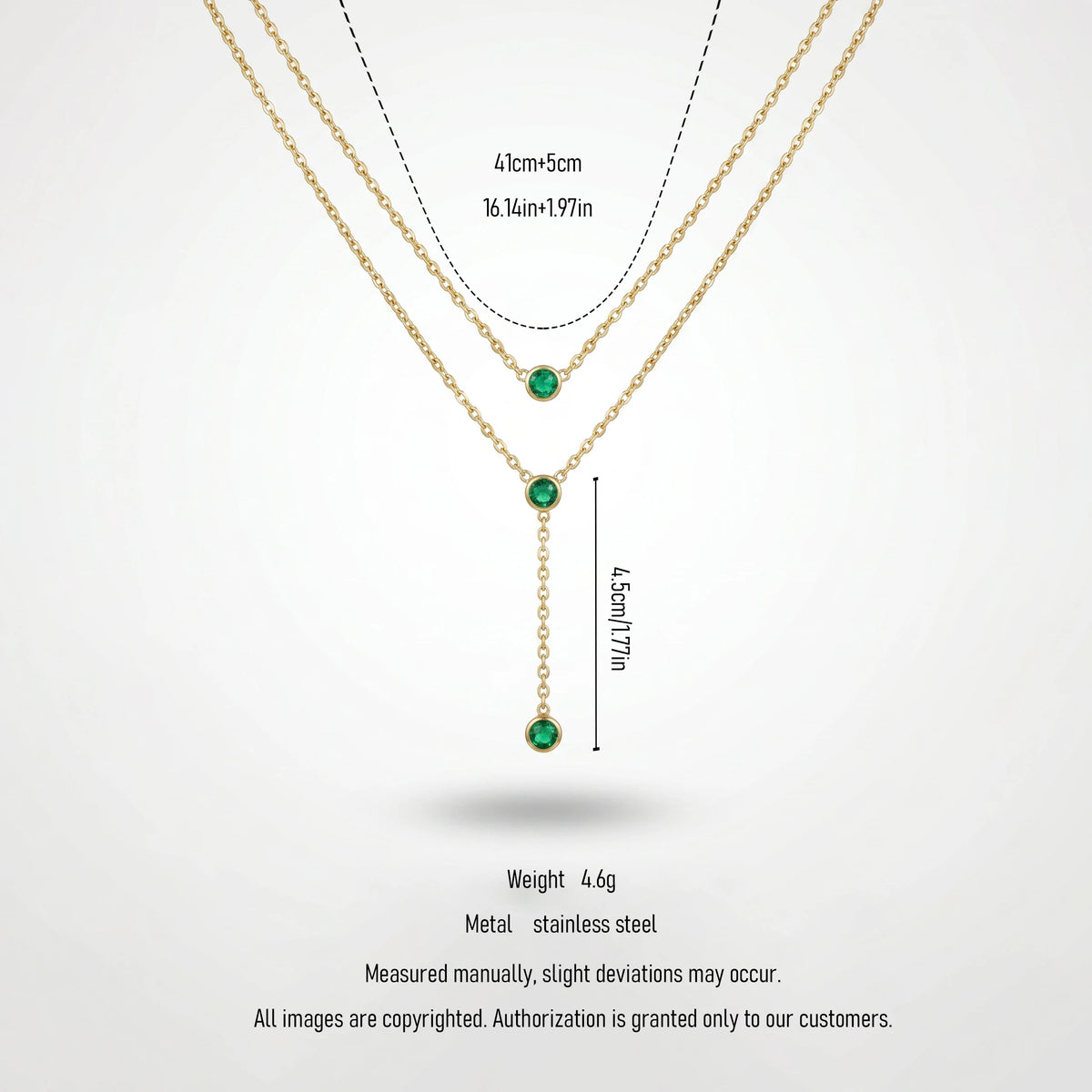 QIAOREN 11673 Dainty Green CZ Lariat Necklace 18K Gold Stainless Steel Double Layered Choker for Women