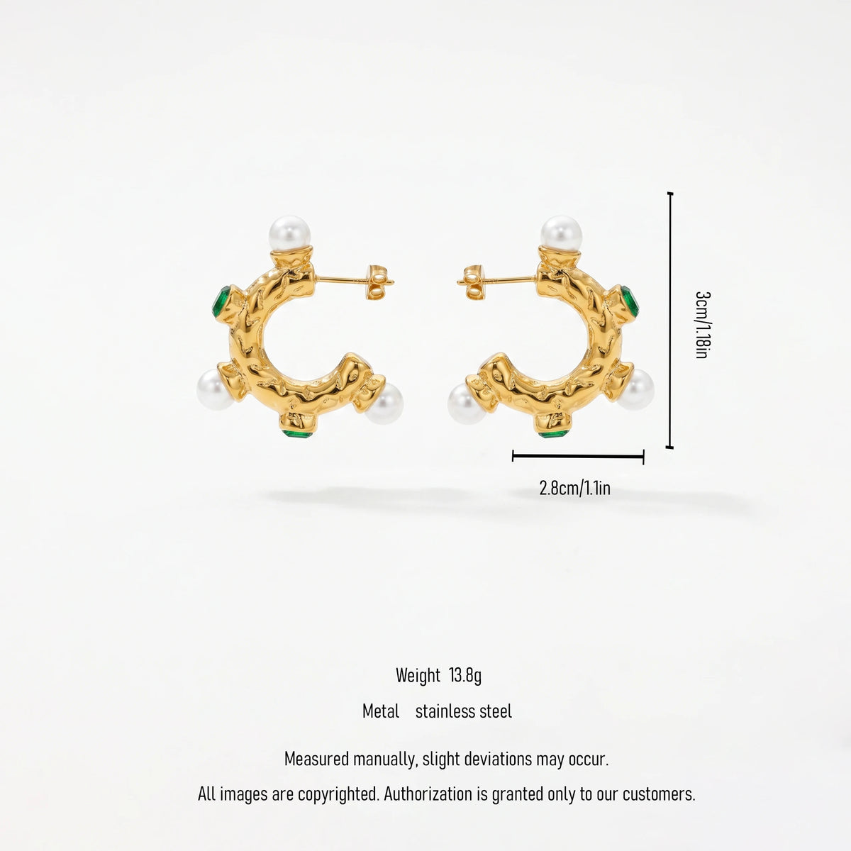 QIAOREN 12509 Elegant Quiet Luxury Molten Pearl Emerald Green Zircon Hoops Stainless Steel Vintage Statement