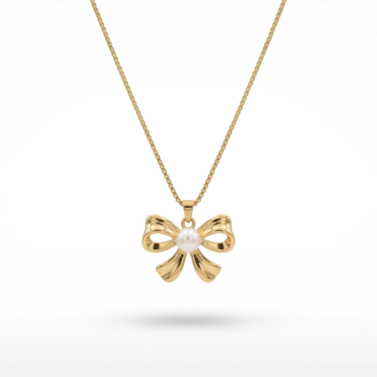 QIAOREN 13938 Thin Box Snake Chain Pendant Necklace with Polished Bow Knot Charm & Center Smooth White Pearl Inlay
