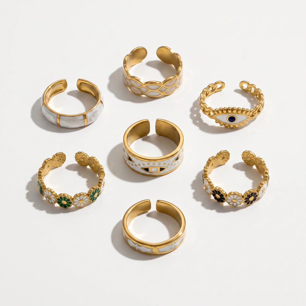 QIAOREN 14190-96 Daisy Pattern Open Ring Set, Multi Style Enamel Adjustable Stackable Ring Jewelry Gift for Daily Fashion