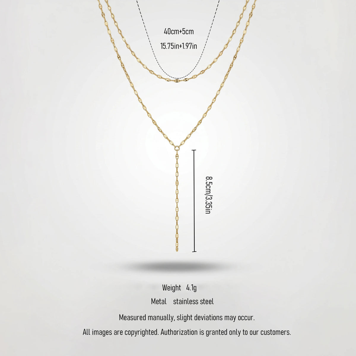QIAOREN 11289 18K Gold Plated Double Layer Y Lariat Necklace Sparkle Oval Link Chain Stainless Steel Tarnish Free Waterproof