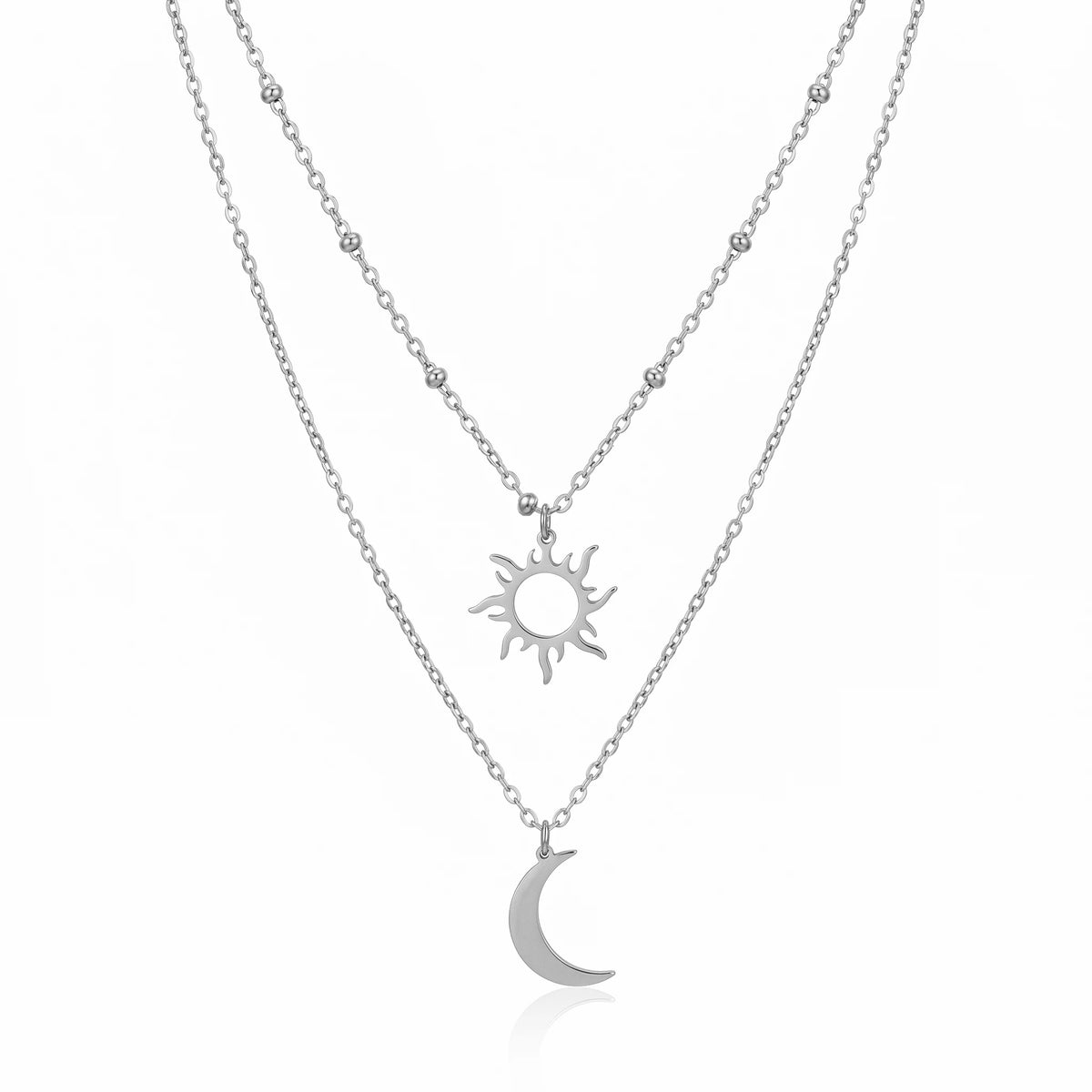 QIAOREN 10649 Boho Style Sun Crescent Moon Layered Link Chain Necklace 18K Gold Plated Stainless Steel Nickel-Free Jewelry