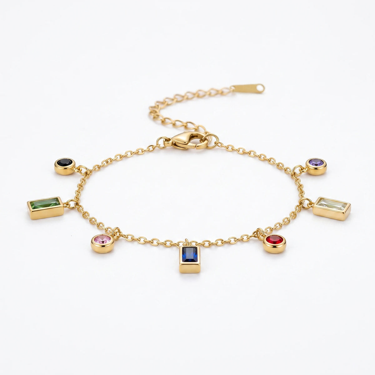 QIAOREN 13294 Gold Plated Stainless Steel Colorful Cubic Zirconia Station Bracelet Geometric Charm Chain for Women