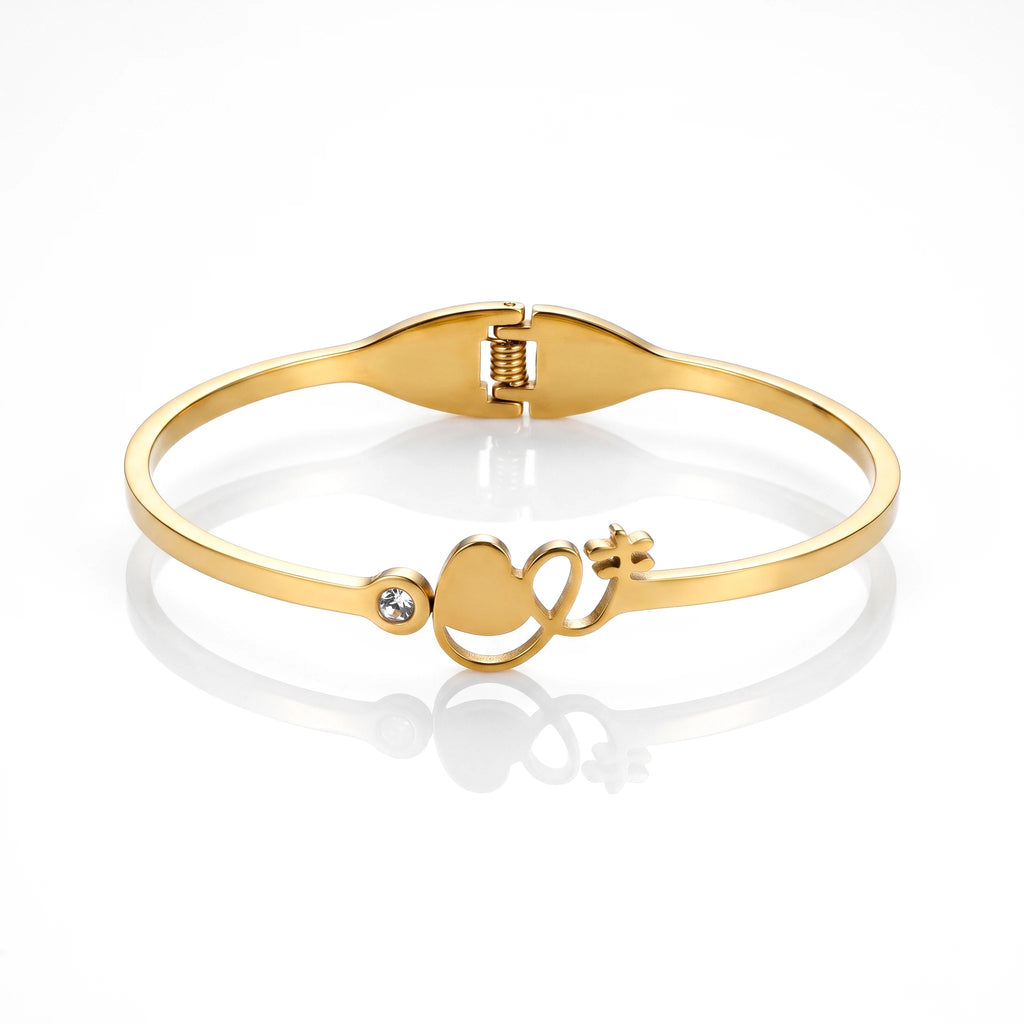 QIAOREN 13660 Spring Thin Wire Cuff Bangle with Hollow Intertwined Heart & Tiny Star Charms, Single Side Round Zircon