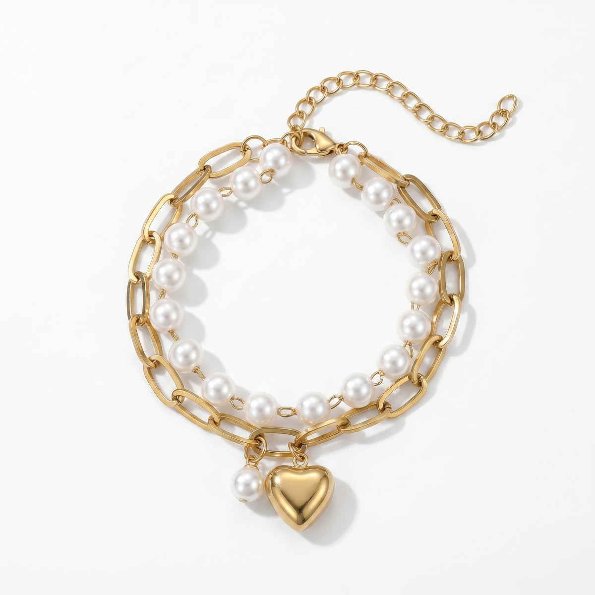 QIAOREN 11422 Waterproof 18K Gold Plated Pearl & Heart Bracelet Stainless Steel Summer Pool Beach Jewelry