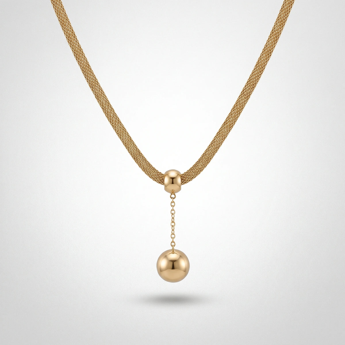 QIAOREN 13463 Dainty Mesh Chain Y Drop Necklace with Two Smooth Round Ball Pendants, Minimalist Gold Neck Jewelry Gift