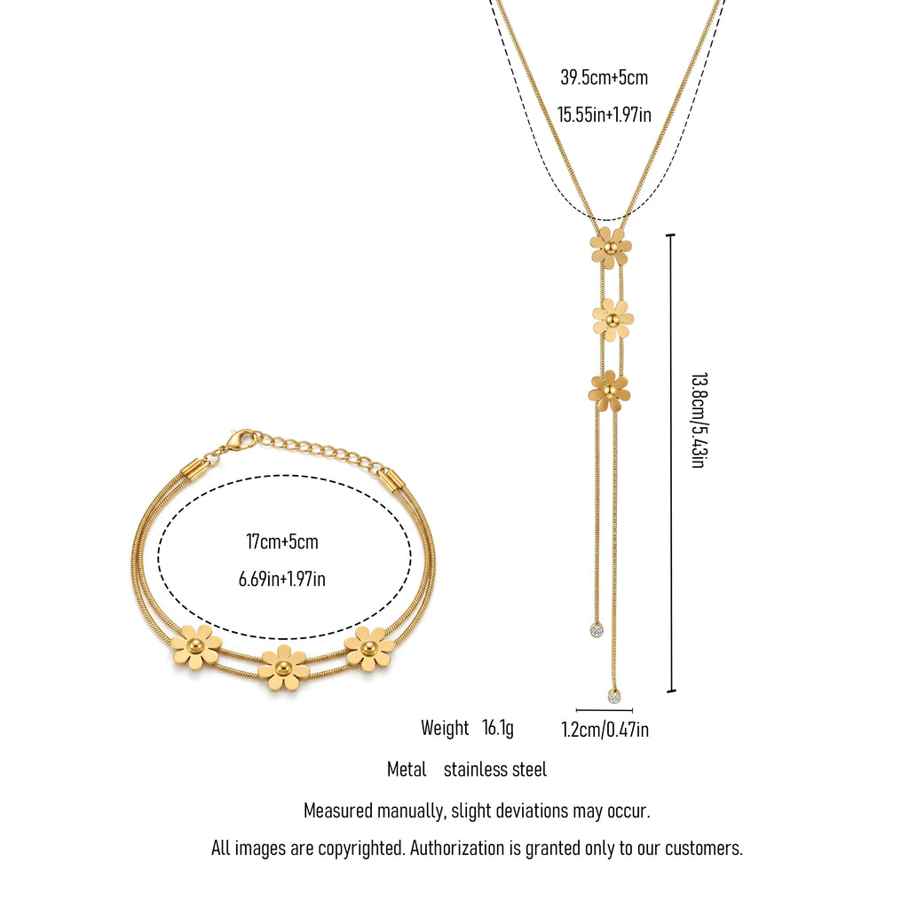 QIAOREN 11640 Dainty Gold Daisy Flower Jewelry Set 18K Stainless Steel Y Lariat Tassel Snake Chain Necklace Bracelet