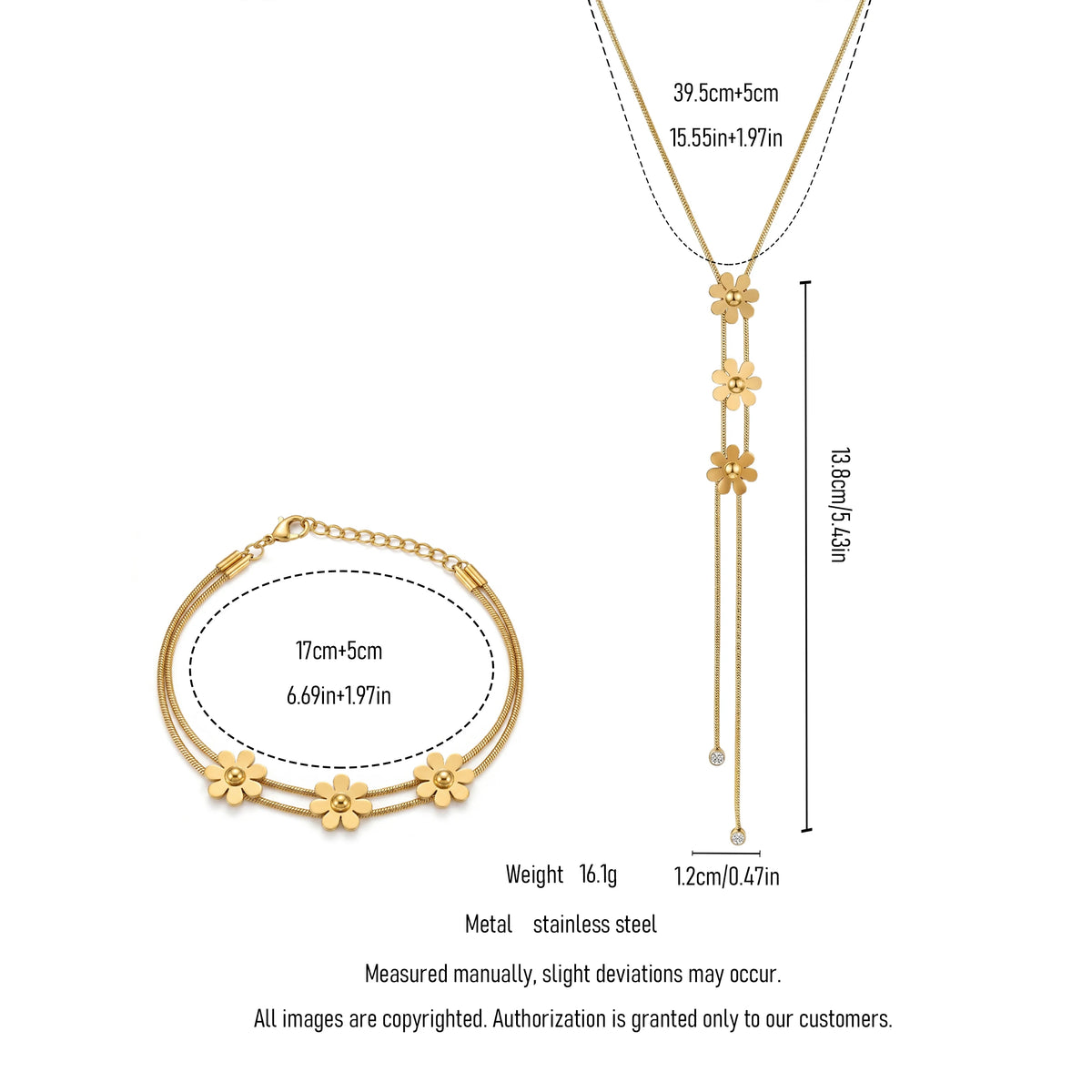 QIAOREN 11640 Dainty Gold Daisy Flower Jewelry Set 18K Stainless Steel Y Lariat Tassel Snake Chain Necklace Bracelet