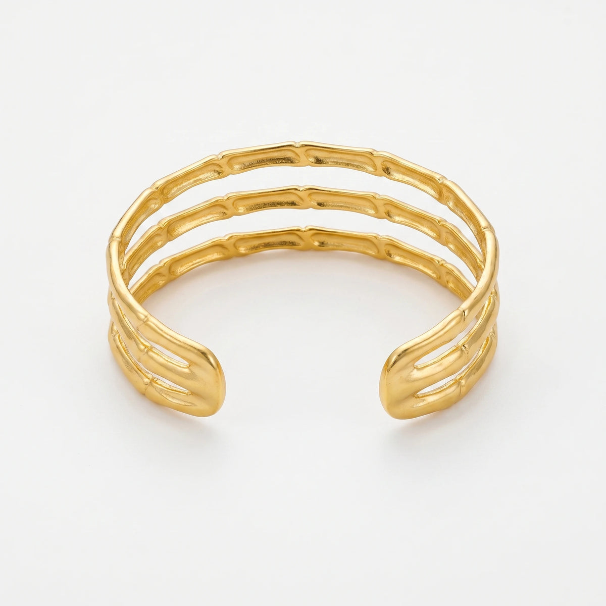 QIAOREN12704Oriental Triple Bamboo Segmented Wide Bangle Hypoallergenic Stainless Steel Gold Bracelet Birthday Good Fortune Gift