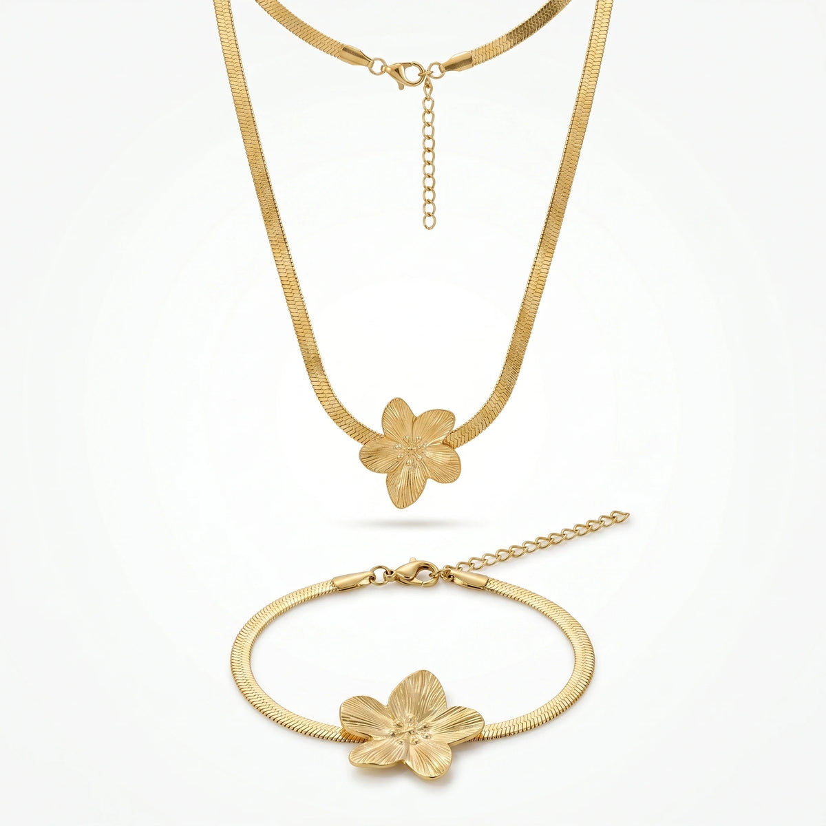 QIAOREN 11501 Elegant Tropical Flower Herringbone Jewelry Set 18K Gold Plated Stainless Steel Tarnish Free