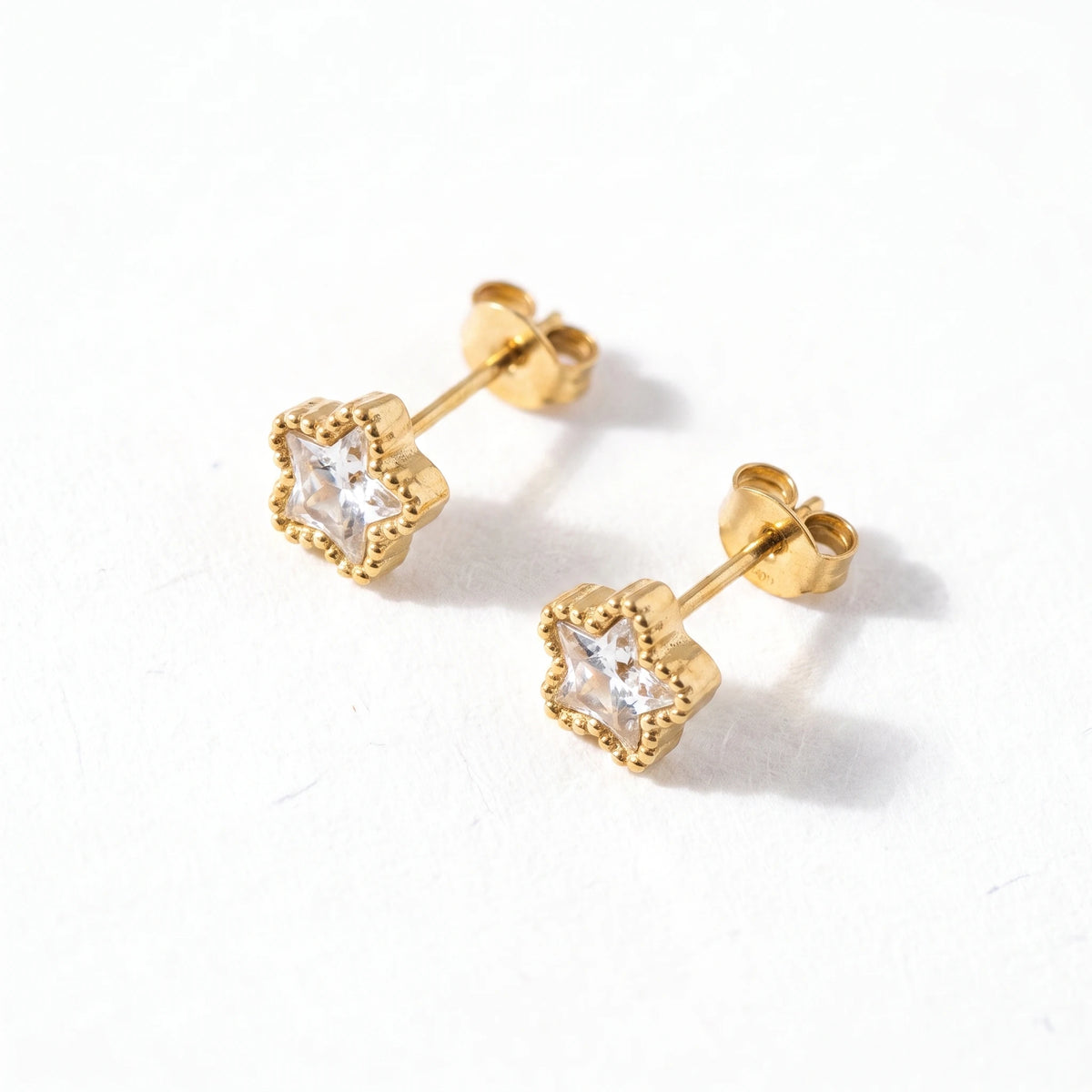 QIAOREN 13443 Gold Tone Beaded Frame Star Crystal Stud Earrings Minimal Sparkly Clear Zircon Tiny Star Jewelry Gift