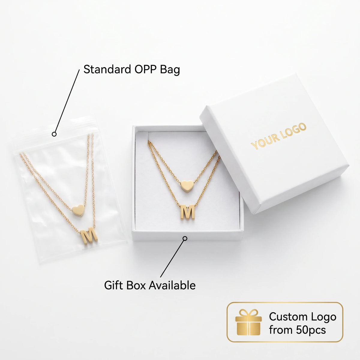 QIAOREN 14420 Layered Heart & Letter M Pendant Necklace, Stainless Steel Double Chain Necklace Jewelry Gift for Daily Outfits