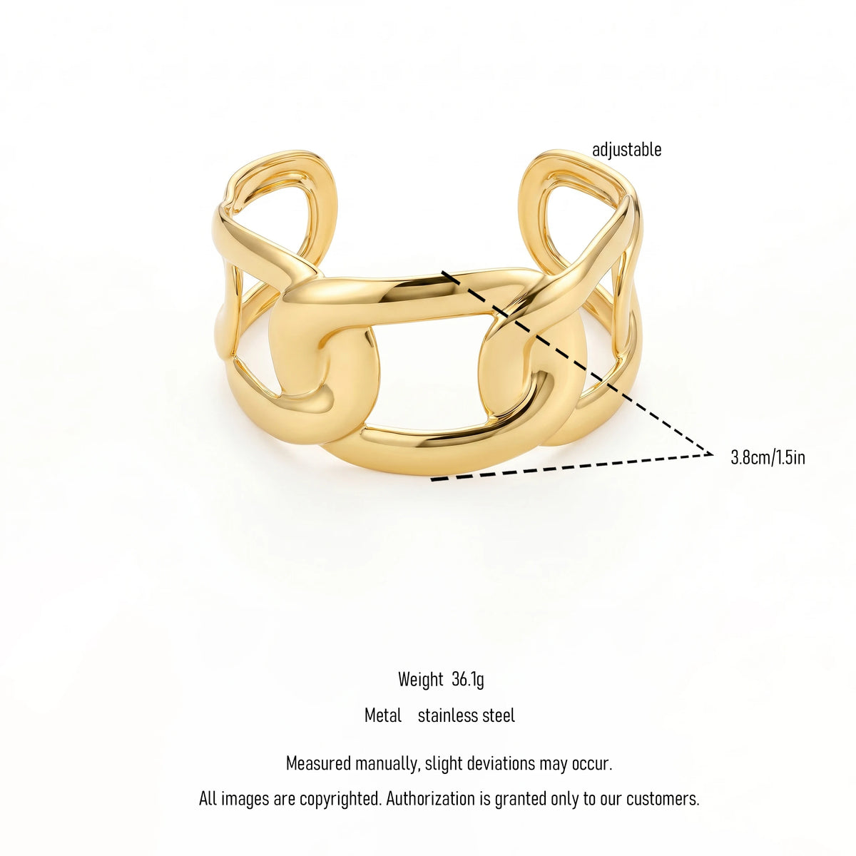 QIAOREN 12721 Modern Geometric Thick Intertwined Rectangular Link Wide Cuff Bangle Hypoallergenic Stainless Steel Gold Bracelet