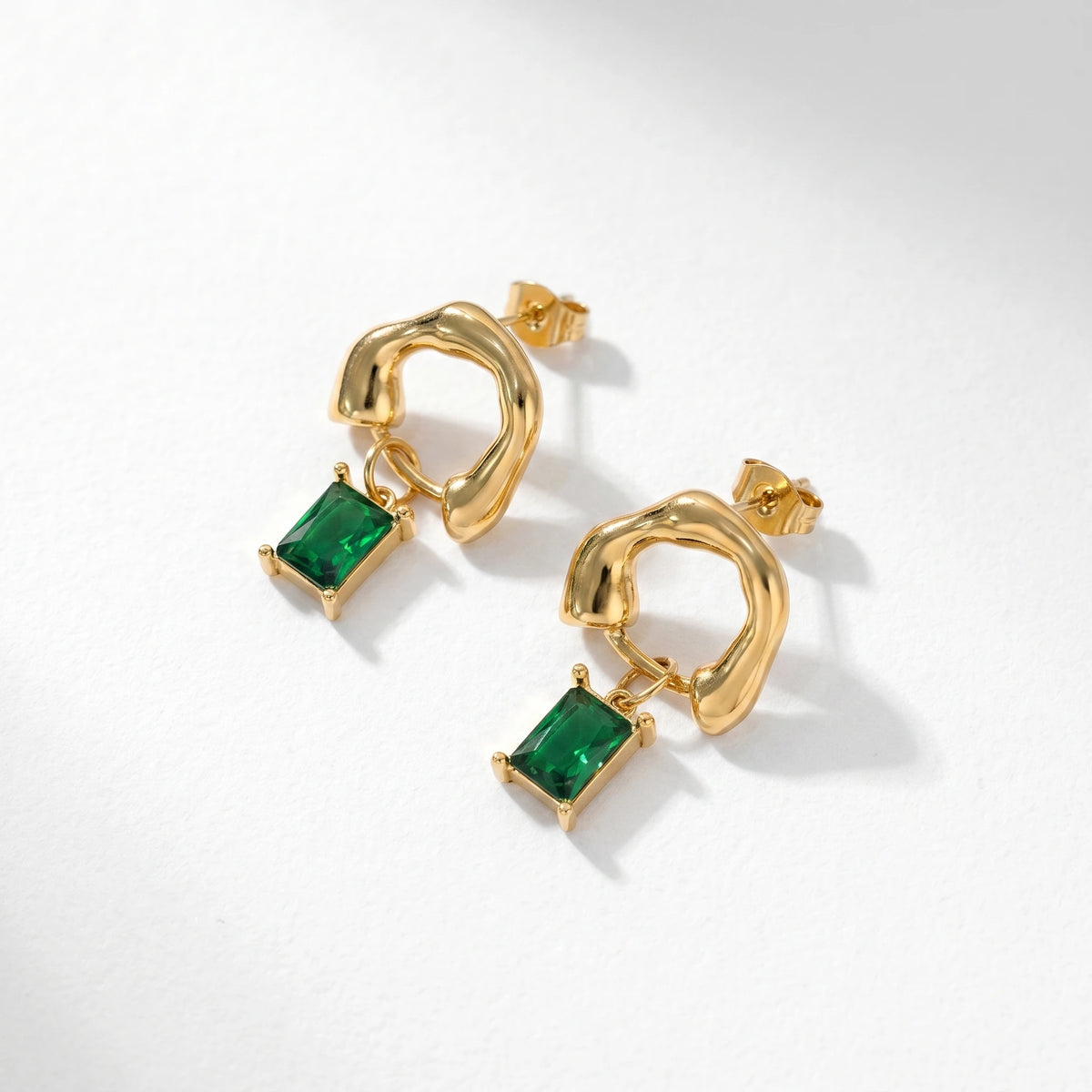 QIAOREN 12429 Organic Geometric Emerald Green Zircon Rectangle Pendant Gold Stainless Steel Statement Earrings
