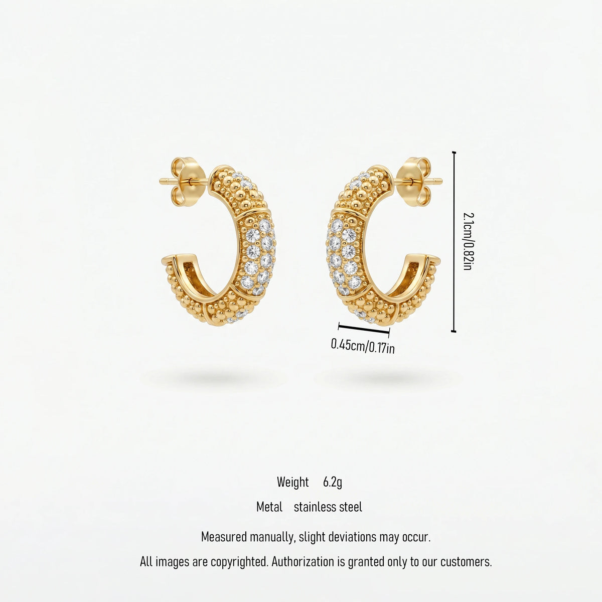 QIAOREN 12452  Gold Paved CZ Half Hoop Earrings Stainless Steel Beaded Textured Huggie Hoops Hypoallergenic Sparkly Jewelry