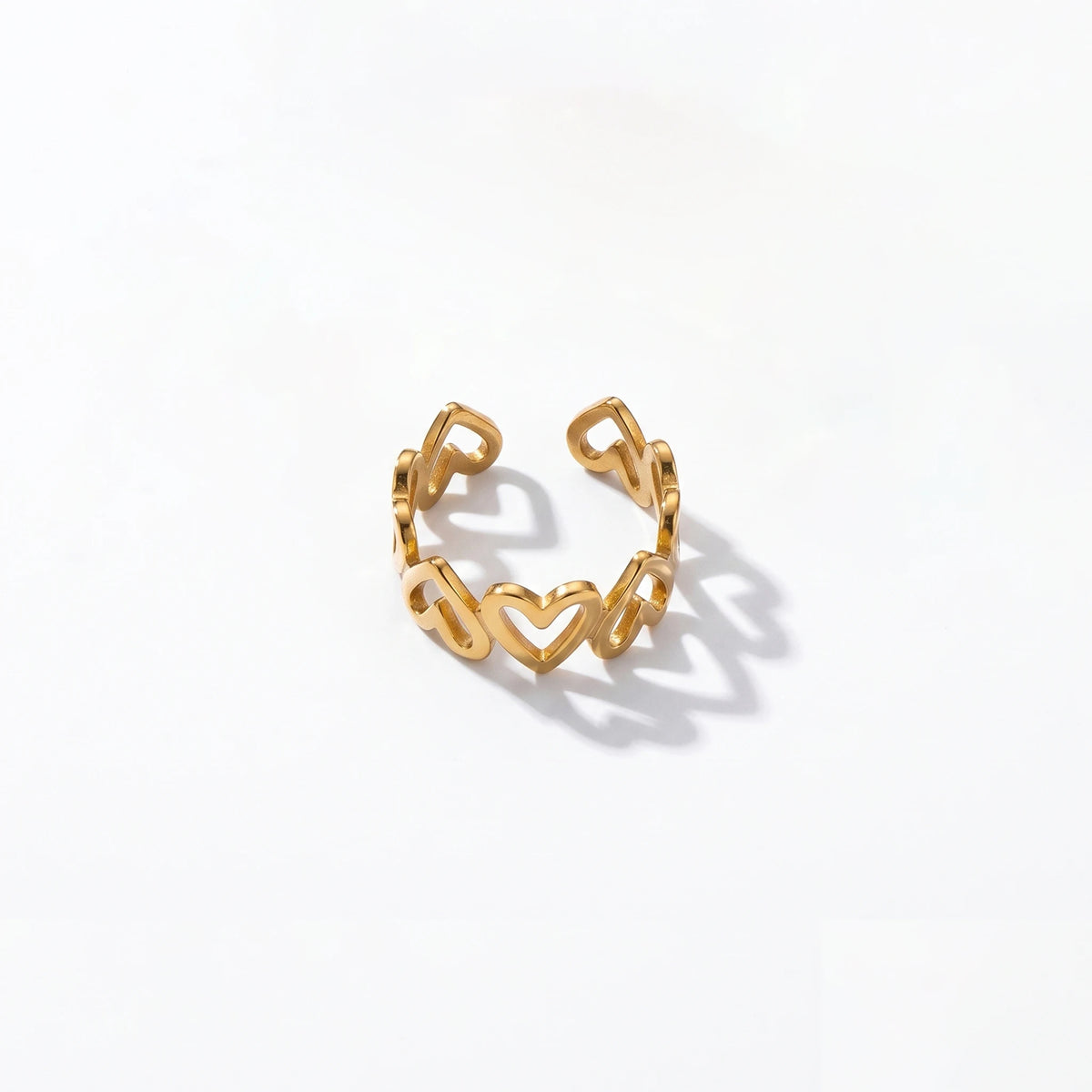 QIAOREN 10713 Stainless Steel Gold Adjustable Open Rings Multi Hollow Heart Zircon Stack Finger Jewelry For Women