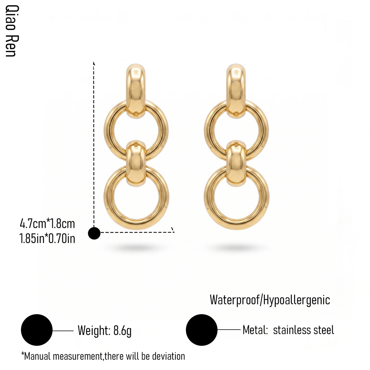 QIAOREN 14546 Triple Link Chain Ring Stud Earrings, Polished Thick Tube Interlocked Stud Earrings, Hypoallergenic Jewelry