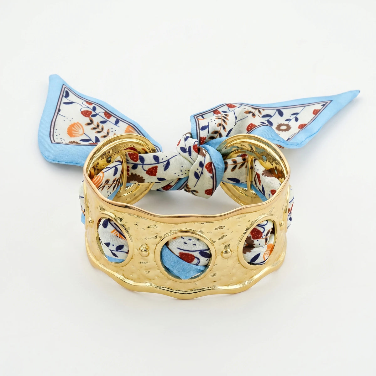 QIAOREN 11001 Vintage Floral Scarf Bracelet Gold Stainless Steel Wide Cuff Adjustable Beach Resort Jewelry for Women