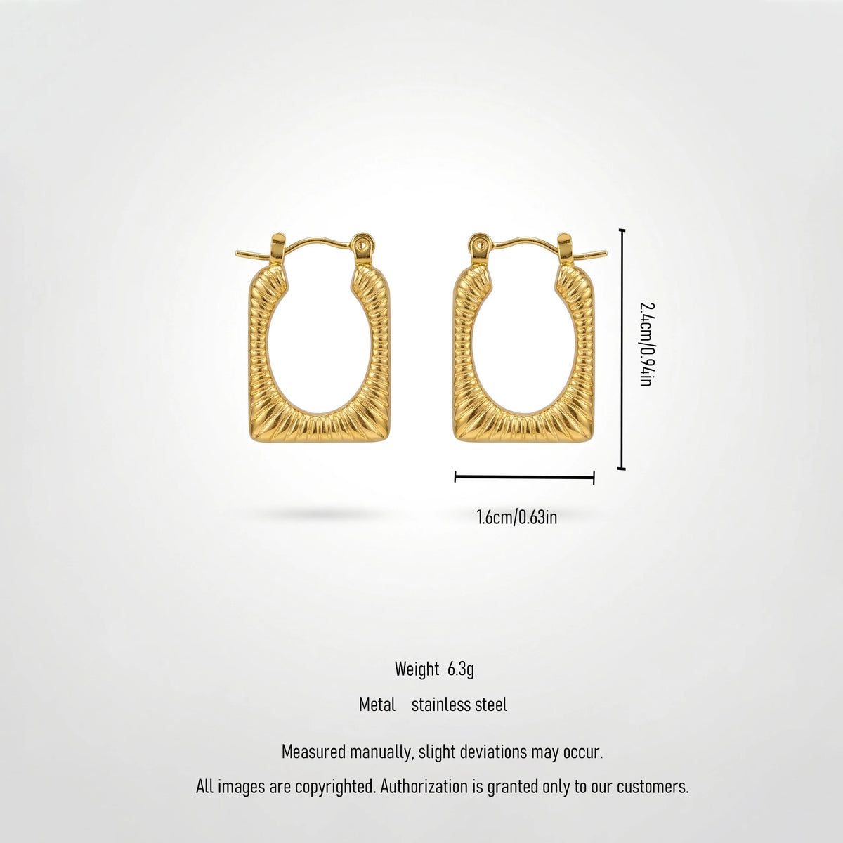 QIAOREN 12529 Waterproof Tarnish Free Ribbed Gold Earrings Stainless Steel Bold Fluted Rectangular Hoops Women US EU