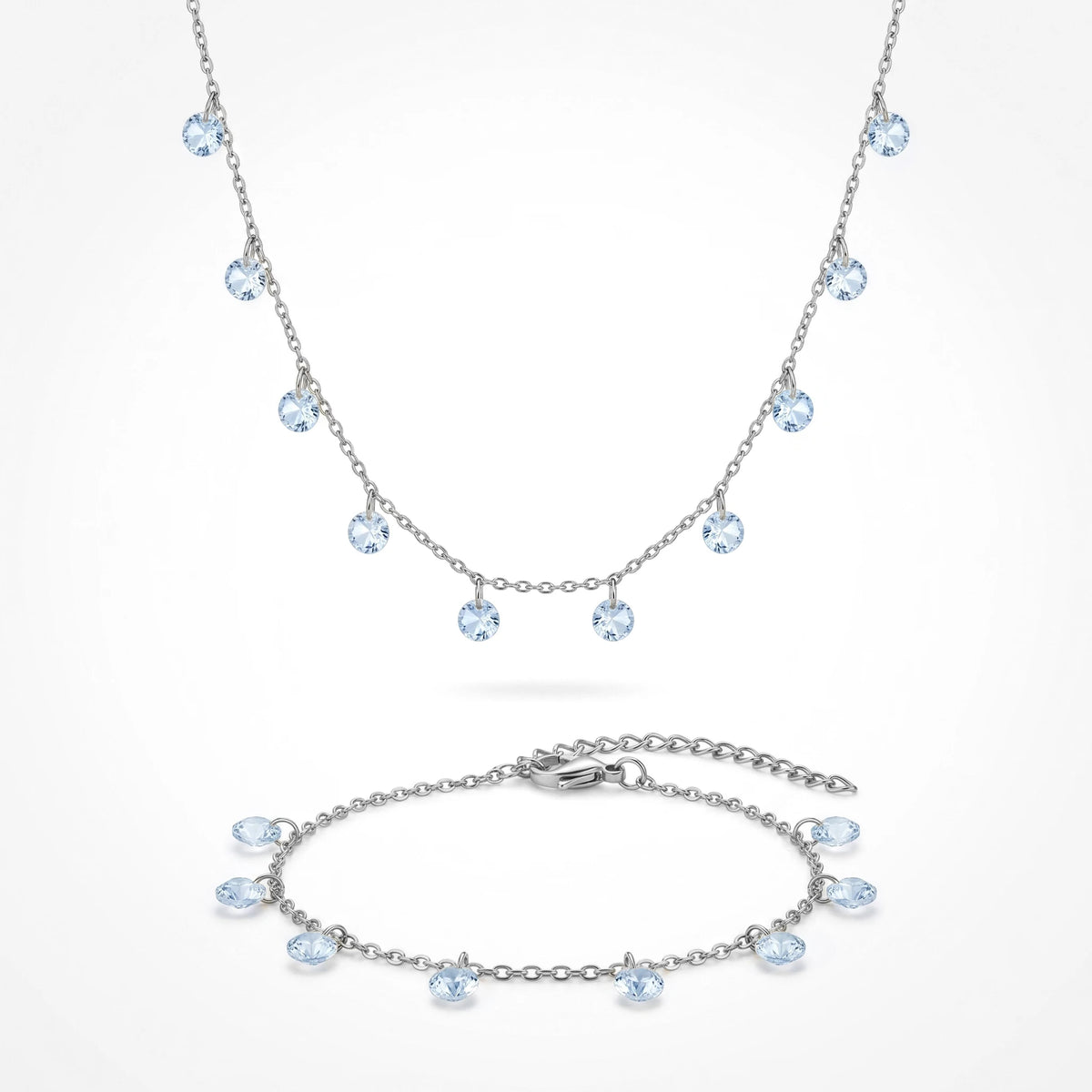 QIAOREN 11935 Waterproof Blue Zirconia Jewelry Set Stainless Steel Gold Station Dangle Necklace Bracelet Gift for Women US