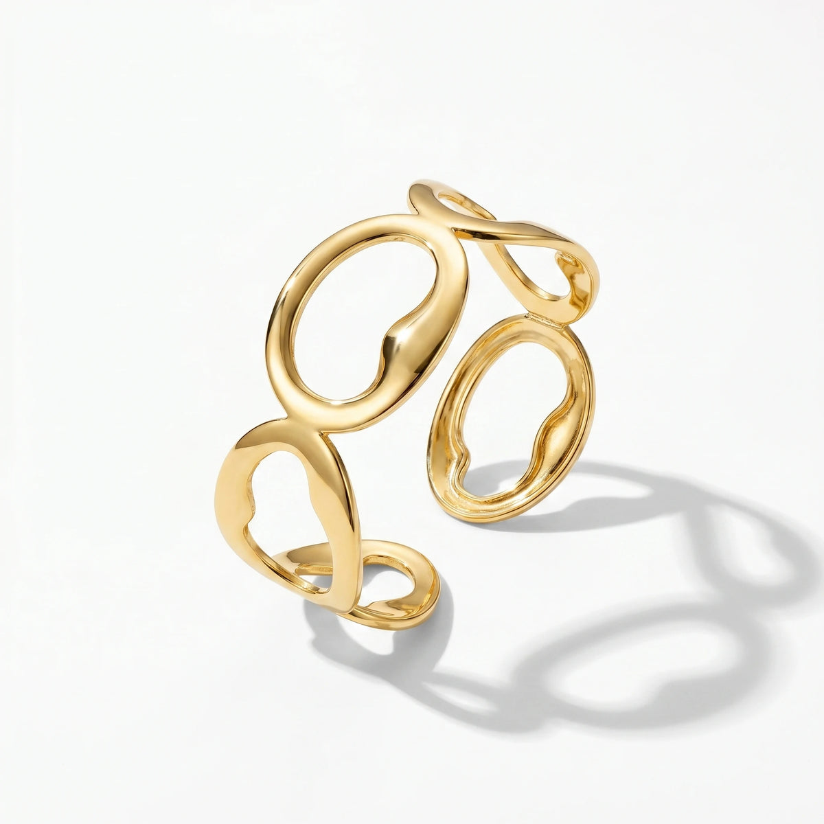 QIAOREN 12702 18K Gold Polished Irregular Linked Oval Hollow Wide Open Cuff Bracelet Stainless Steel Abstract Loop Adjustable