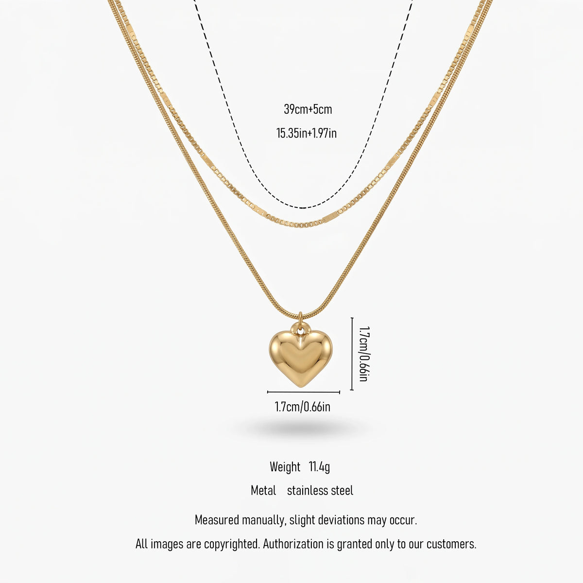 QIAOREN 11235 18K Gold Plated Double Layer Stainless Steel Heart Pendant Necklace Tarnish Free Waterproof Jewelry for Women