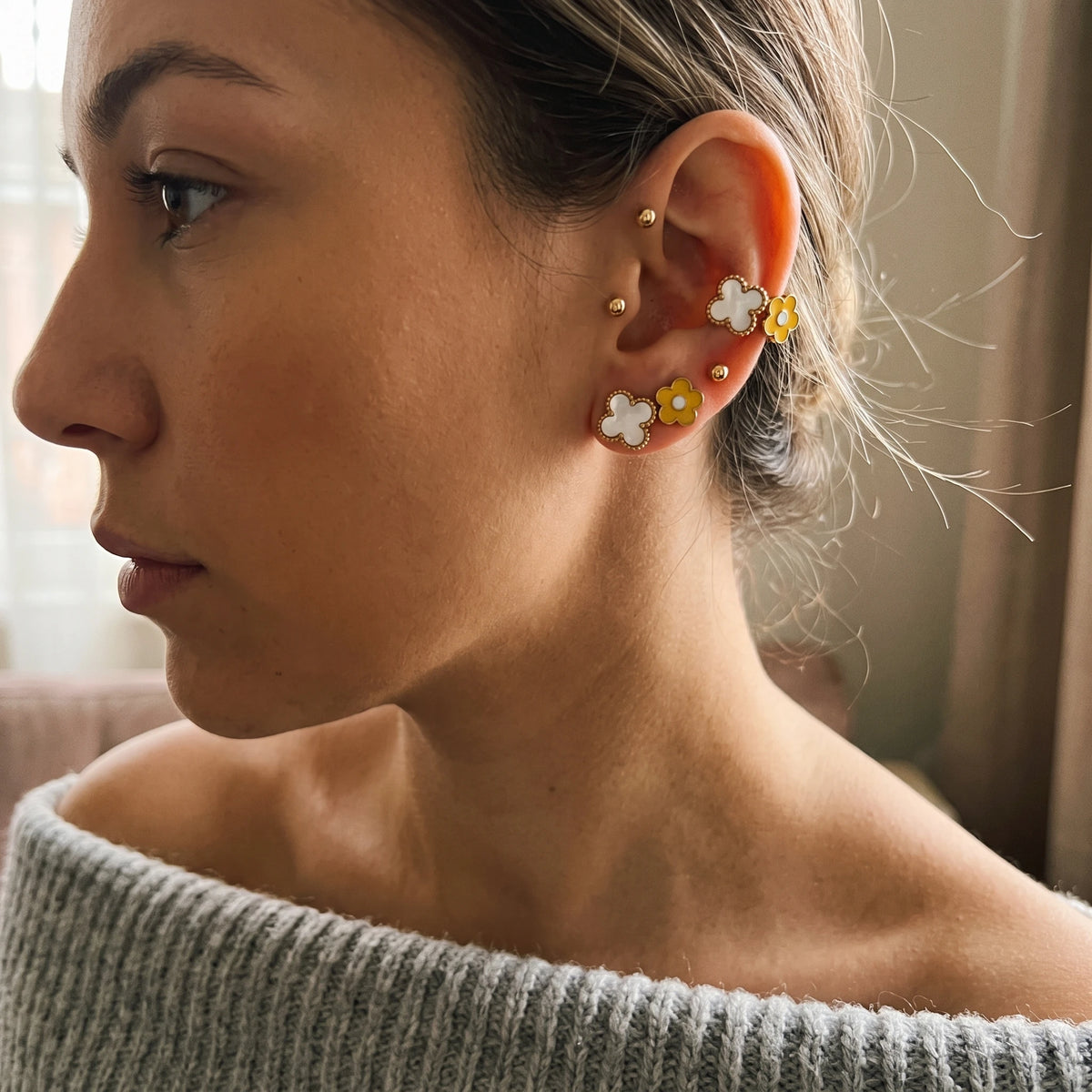 QIAOREN 14506 Stainless Steel Yellow Flower White Quartz Clover Tiny Ball Studs Multi Pack Daily Fashion Jewelry Gift