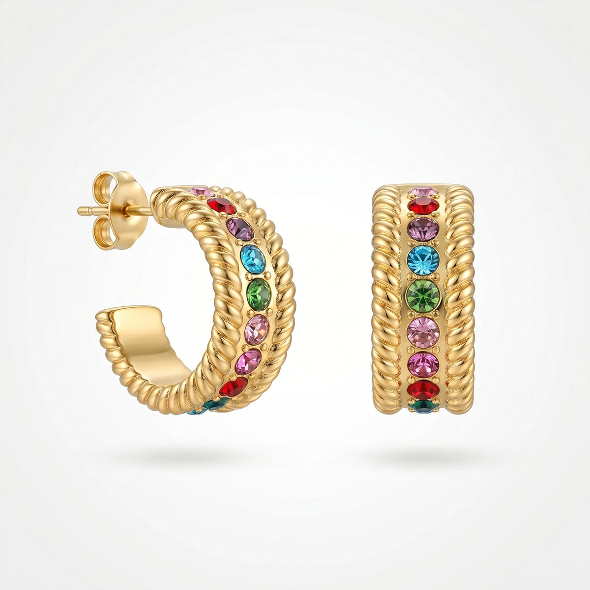 QIAOREN 12427Waterproof Tarnish Free Twisted Cable Border Earrings Stainless Steel Gold Multicolor CZ Half Hoop Studs Women