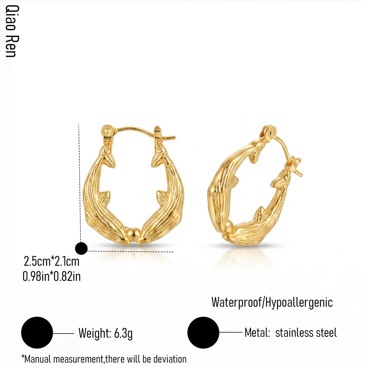 QIAOREN 14599 Gold Stainless Steel Hoop Earrings Wave Design Huggie Earrings Waterproof Hypoallergenic Fashion Jewelry for Women
