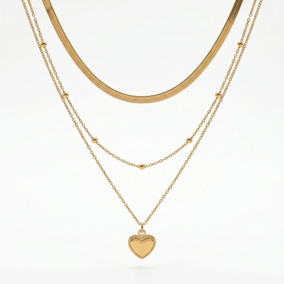 QIAOREN 12852 18K Gold Plated Layered Heart Necklace, Herringbone Snake Chain Beaded Pendant, Waterproof Stainless Steel Jewelry