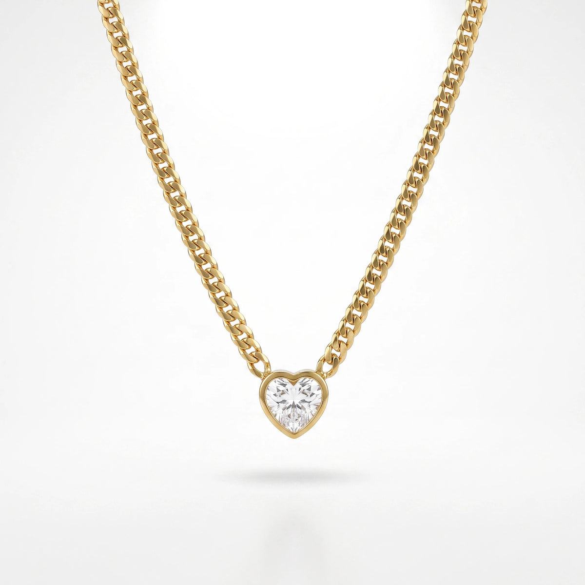 QIAOREN 13719-20 Curb Cuban Chain Heart Cut Clear Zircon Pendant Necklace, Bezel Set Heart Gem Polished Gloss Gold Necklace
